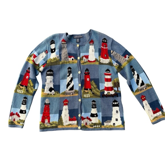American Vintage Sweaters - Rare Vintage Lighthouse Storybook Cardigan Blue Art Knit Wood Buttons M
